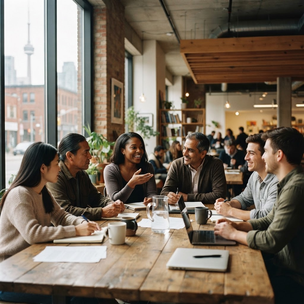 Community leaders gathering around a table together